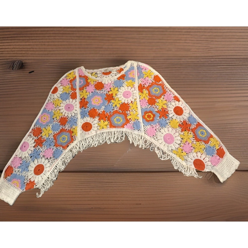 House of Harlow 1960 Crochet Fringe Top Shrug Floral Multicolor Boho One Size